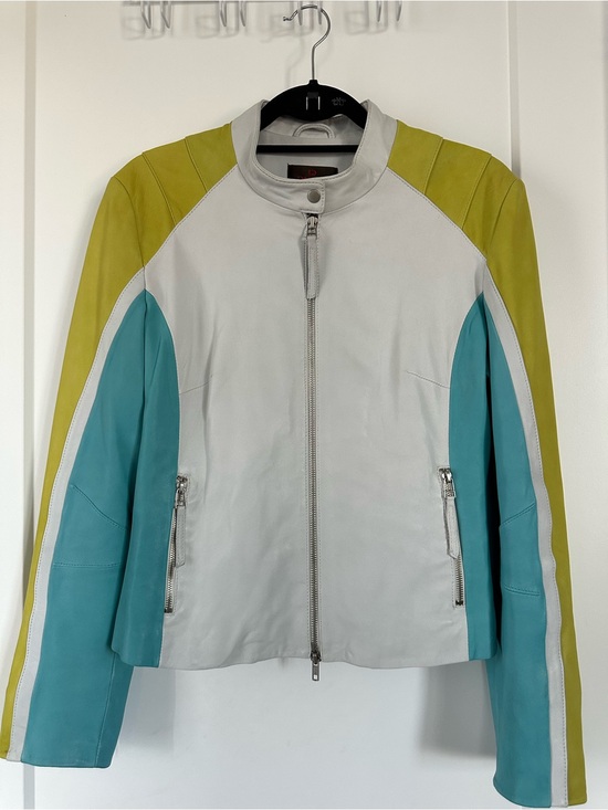Danier Jackets & Blazers - Danier Y2K Colorblock Leather Jacket - White, Teal & Lime
